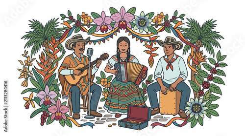 Фотография Traditional musicians performing in a lush garden setting.