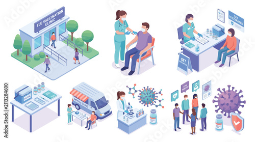 comprehensive illustration of a public health vaccination site with medical staff administering vaccines and managing patient flow