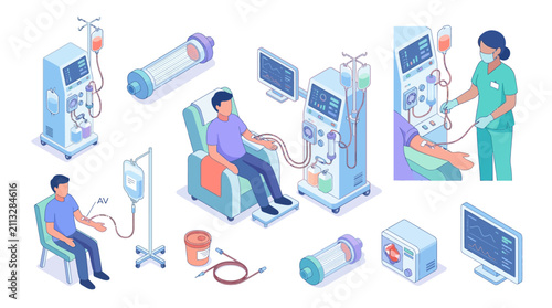 advanced medical dialysis treatment process with healthcare professionals in a modern clinic setting