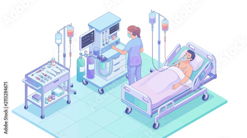 Hospital intensive care unit with healthcare professional monitoring patient using advanced medical equipment in a modern