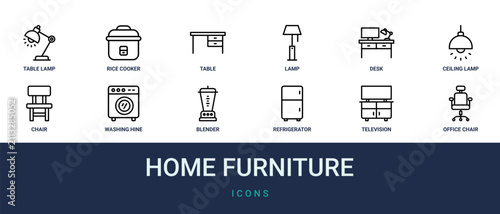 Set of 12 outline web Home Furniture icons such as office chair, television, refrigerator, blender, washing hine, chair, ceiling lamp vector icons for report, presentation, diagram, web design,