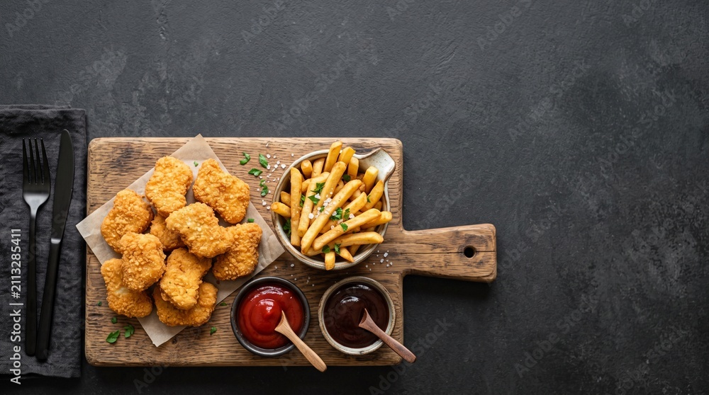 Fototapeta premium Chicken Nuggets and French Fries Flat Lay