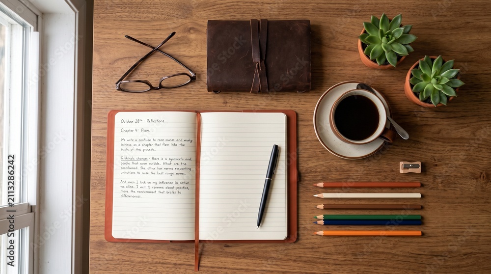Naklejka premium Workspace Desk Flat Lay with Notebook and Coffee
