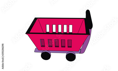 3D Stylized Pink Shopping Cart Illustration with Purple Accents and Black Wheels Set Against a Clean White Background for E-commerce Concepts