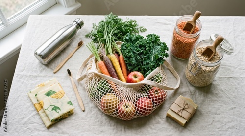Zero waste lifestyle with fresh organic vegetables, fruits in mesh bag, reusable water bottle, bamboo toothbrushes, and eco-friendly products on table for sustainable living