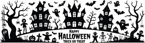 Fotografie Halloween haunted house silhouette landscape with spooky trees, ghosts, bats, pu