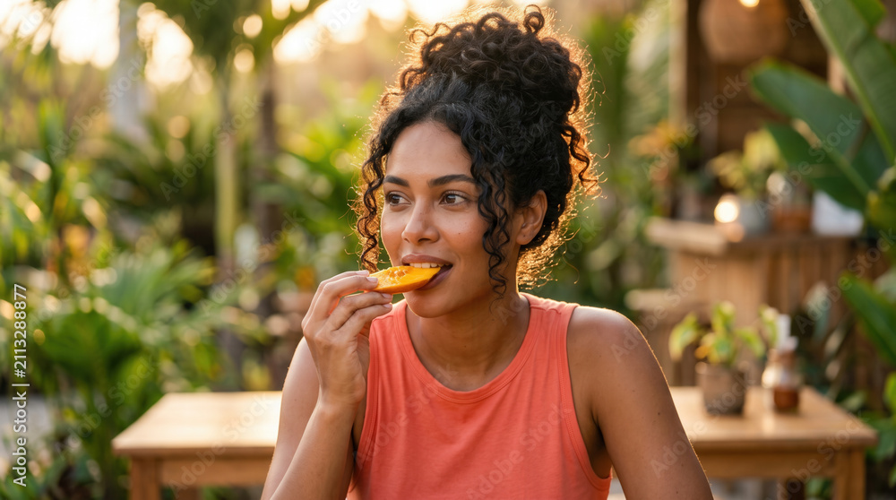 Fototapeta premium Woman Eating Fresh Mango Slice in Tropical Garden
