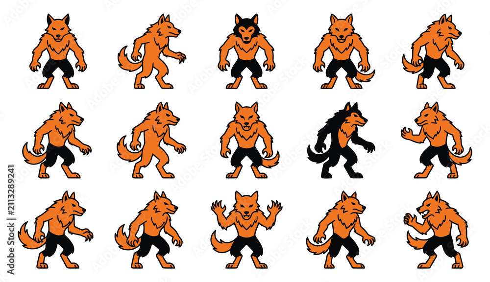 Obraz premium Set of cartoon werewolf character poses for halloween design projects featuring various dynamic movements and aggressive stances