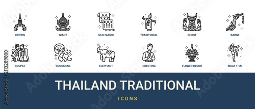 Set of 12 outline web Thailand Traditional icons such as muay thai, flower decor, greeting, elephant, songkran, couple, barge vector icons for report, presentation, diagram, web design, mobile app