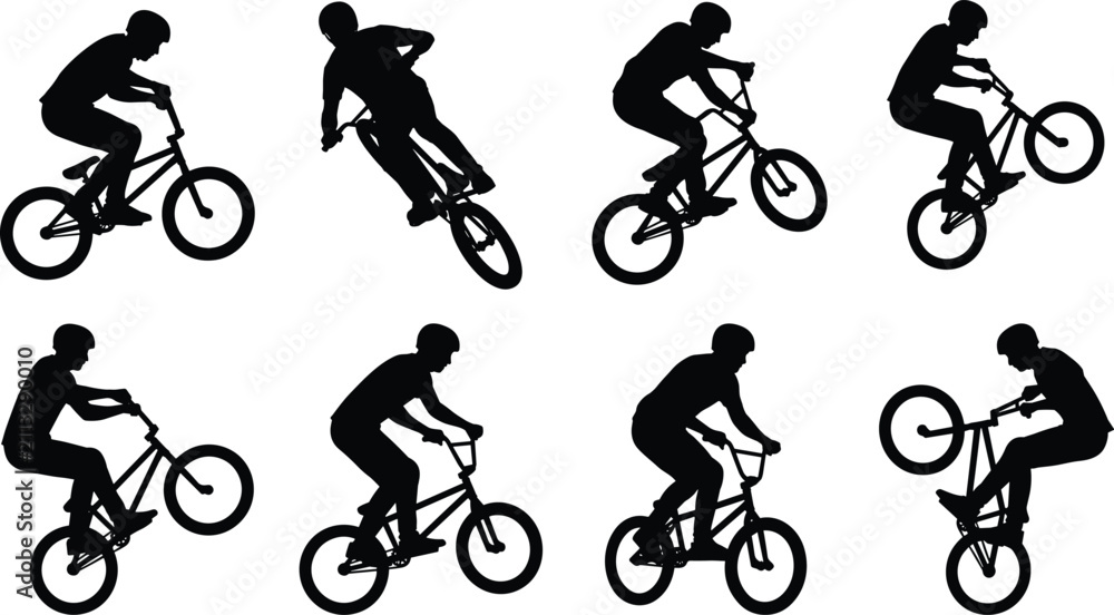 Fototapeta premium Set of black silhouette BMX bicycle riders performing extreme stunts and jumping tricks