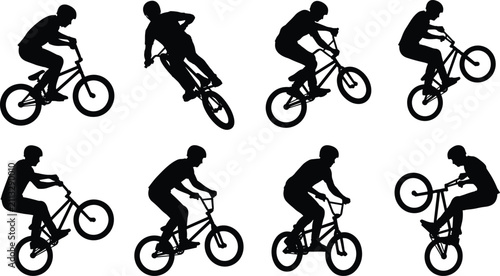 Fotografie Set of black silhouette BMX bicycle riders performing extreme stunts and jumping