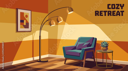Foto Elegant modern floor lamp placed in cozy living room corner, warm ambient lighting, minimalist interior decoration, luxurious home styling, realistic vector illustration, premium background