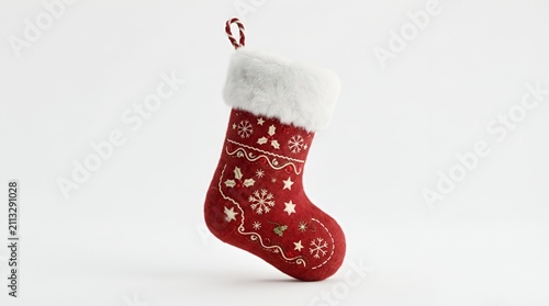 Red patterned christmas stocking with white fur trim isolated on white background