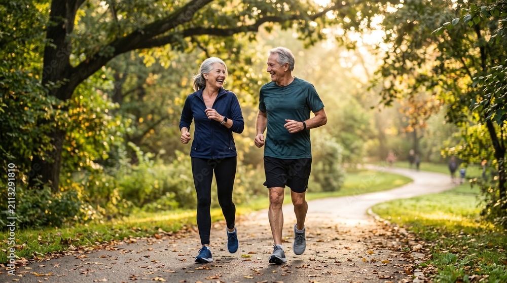 Obraz premium Happy senior couple jogging together in a sunny green park during autumn, active lifestyle and fitness in retirement