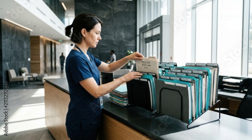 Medical Professional Organizes Patient Files In Modern Clinic Reception