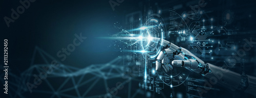 AI robot hand illustration interacting with glowing futuristic digital interface