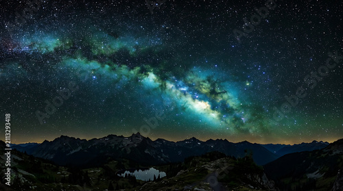 Stunning panoramic view of the Milky Way galaxy illuminating a serene mountain landscape at night