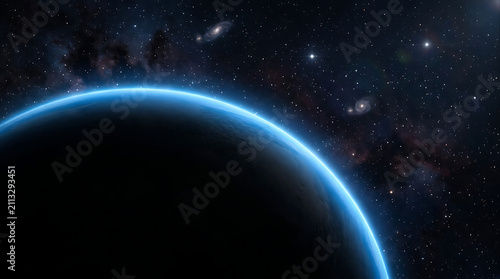 a breathtaking view of planet earth from space showing Earth's curved horizon amidst a star-filled cosmos scene with distant
