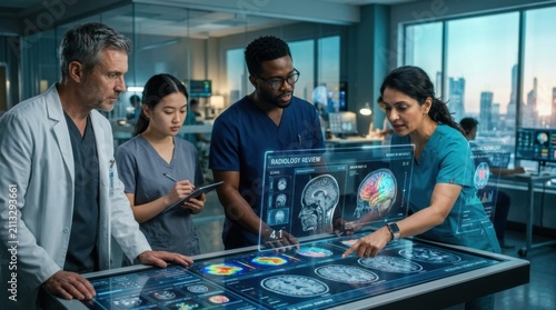 Medical Professionals Collaborate On Advanced Diagnostic Technology Display