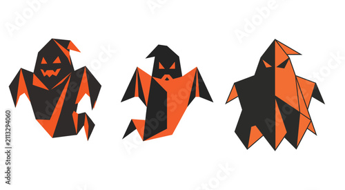 Origami Halloween Ghost Character Set with Geometric Paper Fold Spooky Vector Illustration Collection