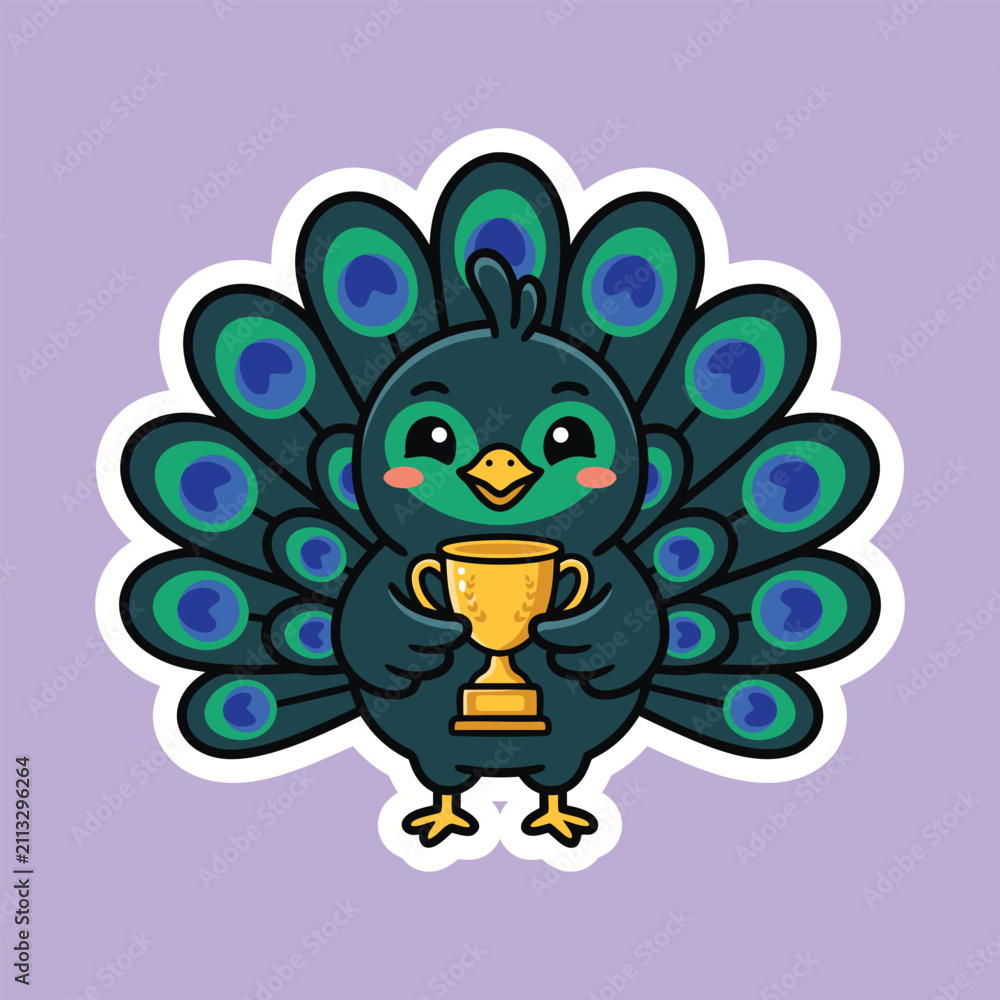 Fototapeta premium Cute Peacock Champion Sticker Holding Gold Trophy