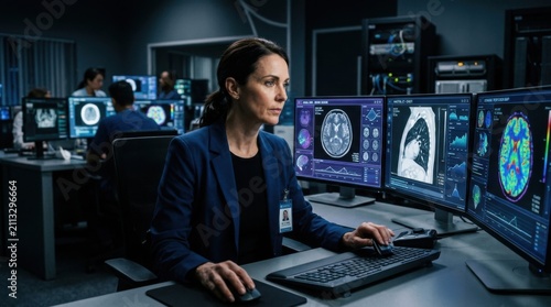 Medical Professional Analyzing Brain Scan Data On Multiple Monitors In A Modern Laboratory