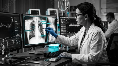 Medical Professional Analyzing X-ray Images On Advanced Computer Screens