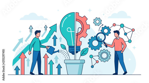 Business Innovation and Growth Concept featuring men nurturing a lightbulb gear plant with rising arrows, ideal for corporate presentations and startup marketing.