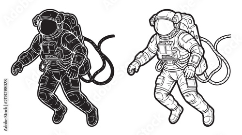 Fotografie astronauts in space suits with black silhouette and line art vector design black
