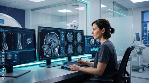 Medical Professional Analyzing Brain Scans On Advanced Diagnostic Imaging Screens