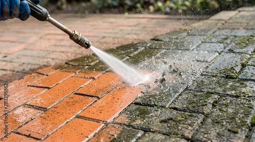 High pressure washing of dirty red bricks on a patio path, removing moss and grime outdoors