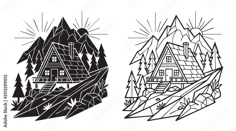 Obraz premium black silhouette with line art vector design of a-frame cabin in mountain landscape