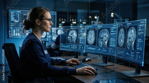 Medical Professional Analyzing Brain Scans On Multiple Computer Monitors