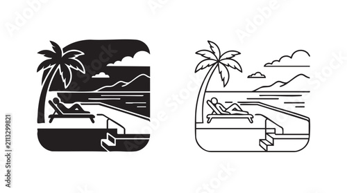 Obraz na płótnie black silhouette with line art vector design of infinity pool with palm tree and