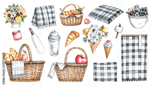 Watercolor illustration of a picnic basket with bread, cheese, and a cloth.