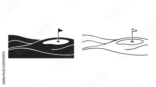 Фотография golf flag on green slope with black silhouette and line art vector design black