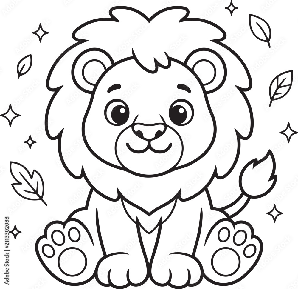 Fototapeta premium Cute Baby Lion Coloring Page – Black and White Cartoon Lion Cub Outline for Kids Printable Coloring Book