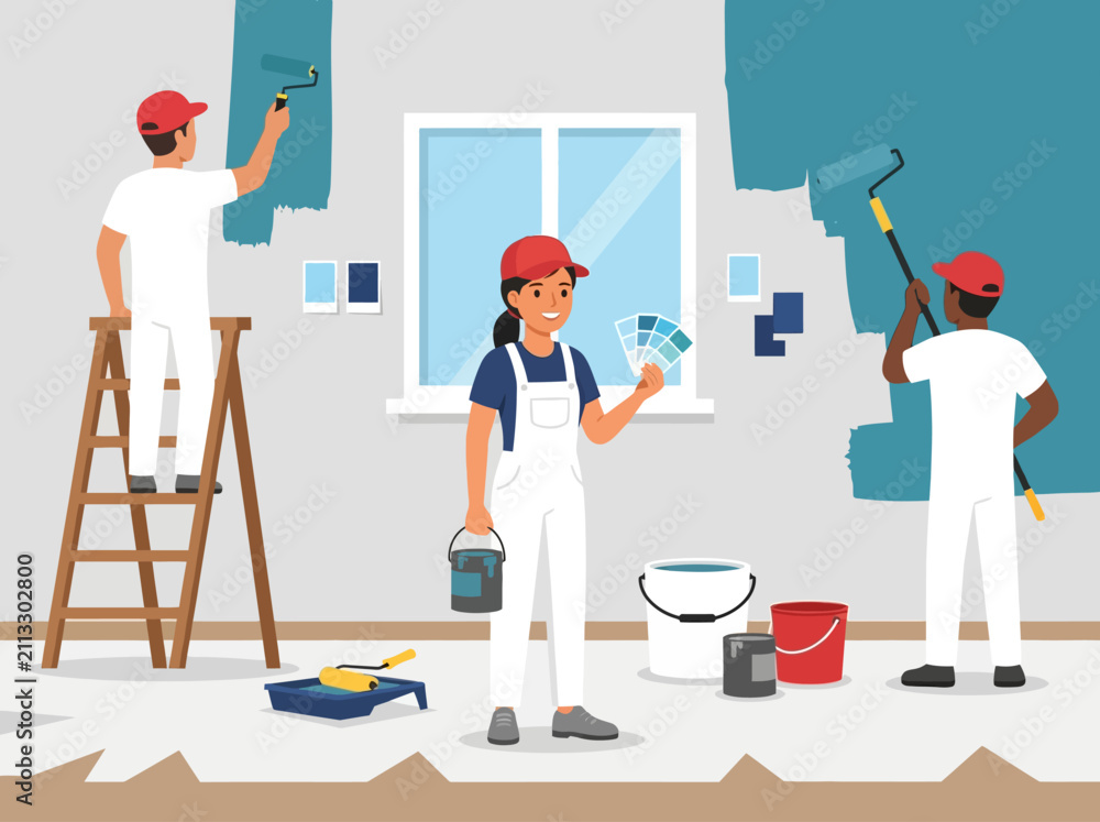 Fototapeta premium Professional Painters Team Renovating Interior Wall Blue