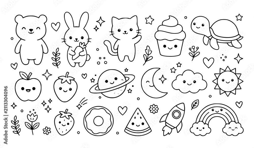 Fototapeta premium Set of cute kawaii doodle elements featuring animals food celestial objects and nature icons for kids coloring pages