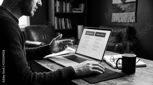 Man Working On Laptop With A View Of Comparison Plans And Coffee Mug