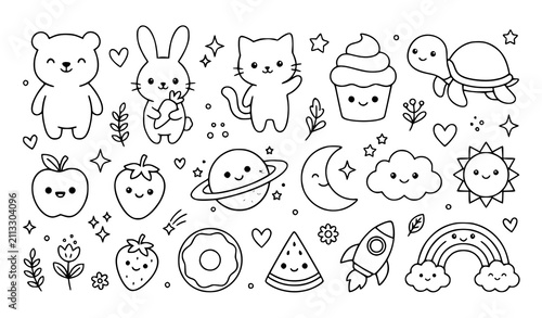 Set of cute kawaii doodle elements featuring animals food celestial objects and nature icons for kids coloring pages