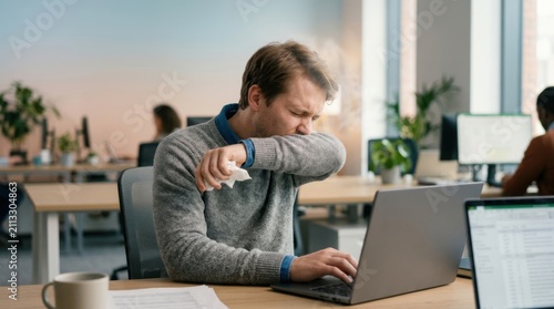 Man Coughing Into Elbow With Tissue In Office