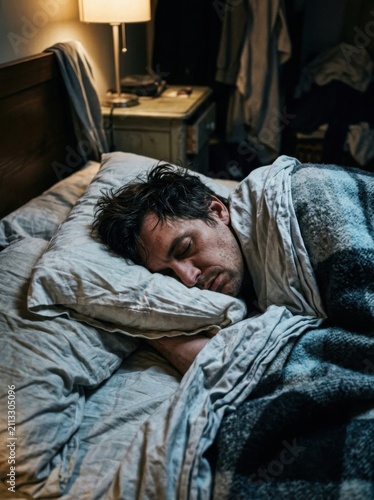 Man Sleeping Peacefully Covered In Blanket In Dimly Lit Bedroom