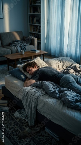 Man Sleeping Soundly In A Cozy Bedroom Morning Light Streaming In