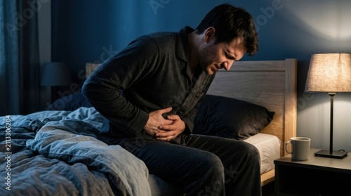 Man Suffering From Severe Abdominal Pain In Bed At Night