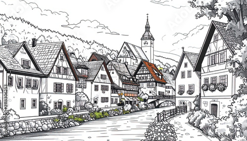 Whimsical Black and White Illustration of a Quaint European Village House with Flower Boxes and Stone Wall