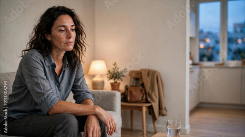 Sad Mature Woman Sitting Alone on Sofa at Home, Feeling Depressed and Stressed in Dimly Lit Living Room, Mental Health and Loneliness Concept