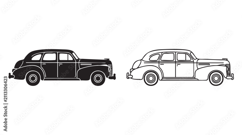 Fototapeta premium vintage sedan black silhouette with line art vector design featuring car, classic