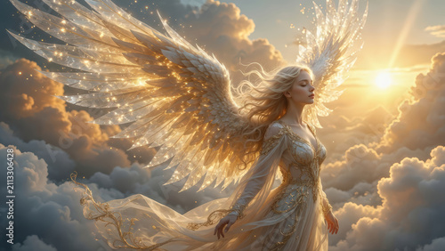 Angelo custode donna con ali di piume luminose nel cielo tra le nuvole al tramonto