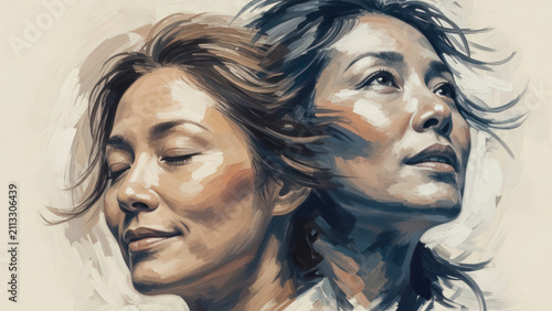 Ritratto a olio di donna asiatica con espressione sognante e riflessiva